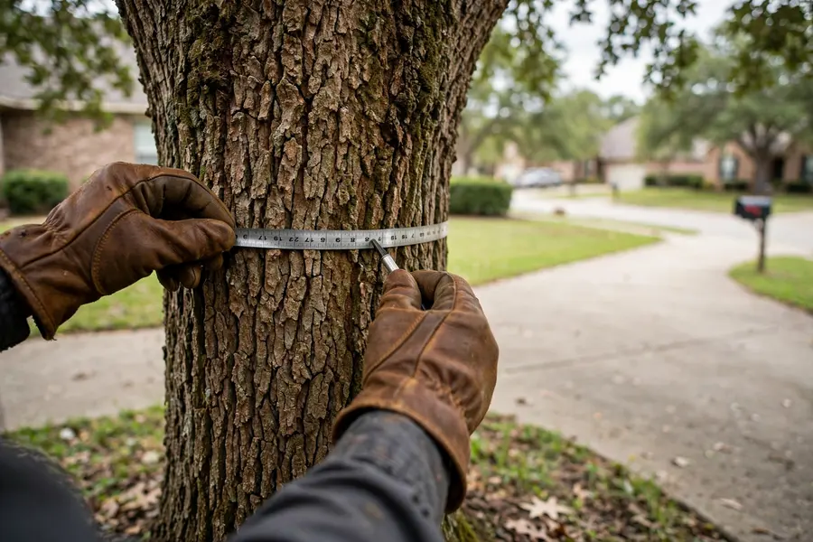 Gloved hands checking a tree trunk and access around a residential property
