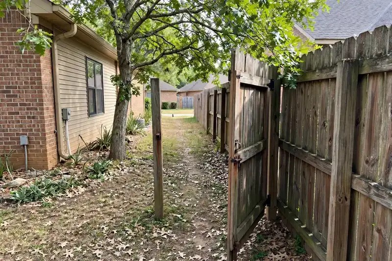 narrow side-yard access between a fence and North Texas home