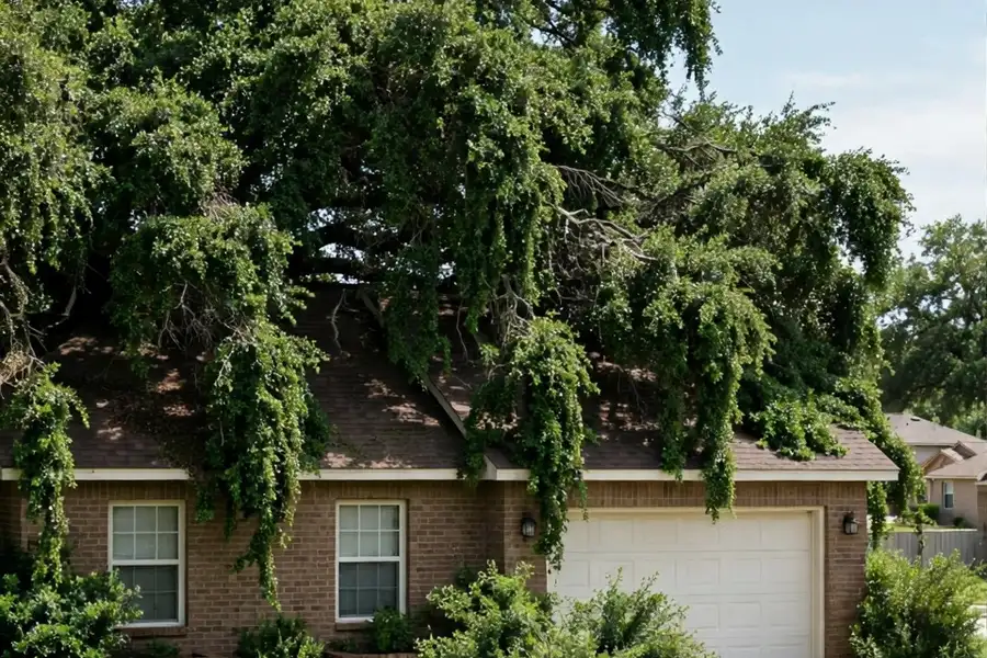 Overgrown tree crowding a roofline, before trimming