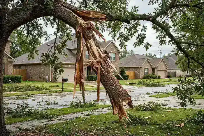 Storm-damaged broken limb hanging in a tree