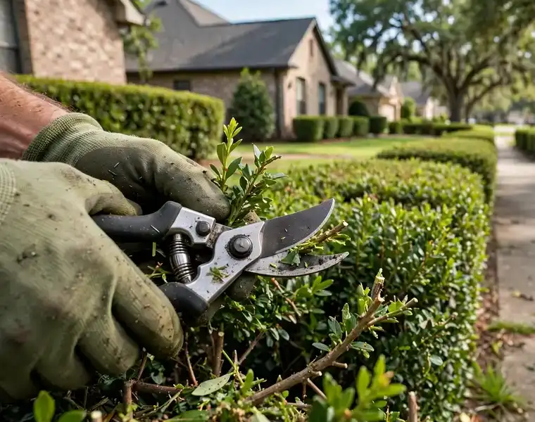 Neatly shaped shrubs outside a Plano-area house
