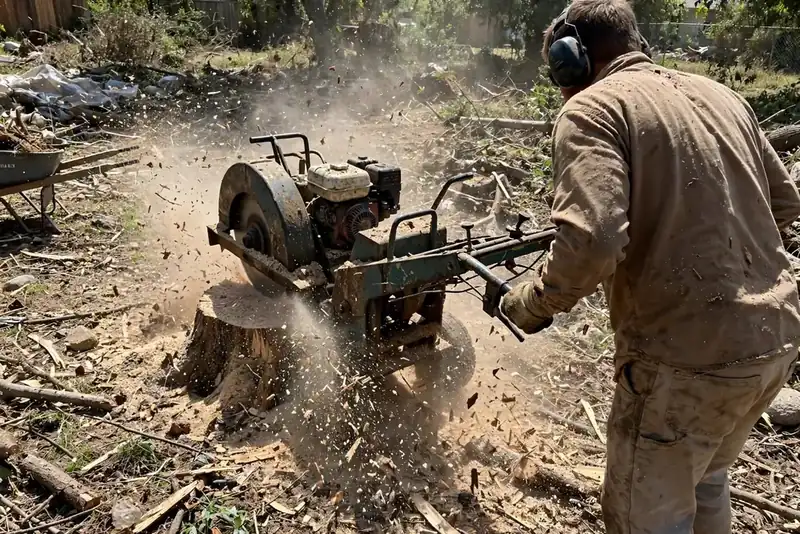 Worker guiding a walk-behind stump grinder chewing into a large stump, wood chips flying