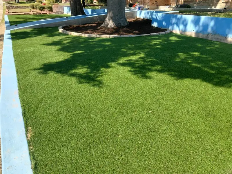 Finished artificial grass around an existing tree inside the blue boundary