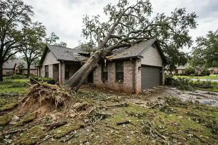 Tree leaning toward a house after high winds