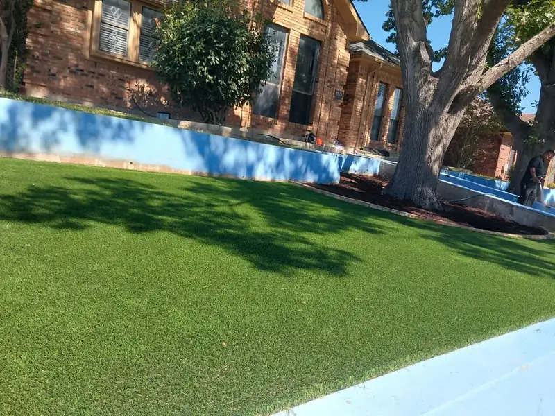 Wide view of the finished artificial grass with established trees