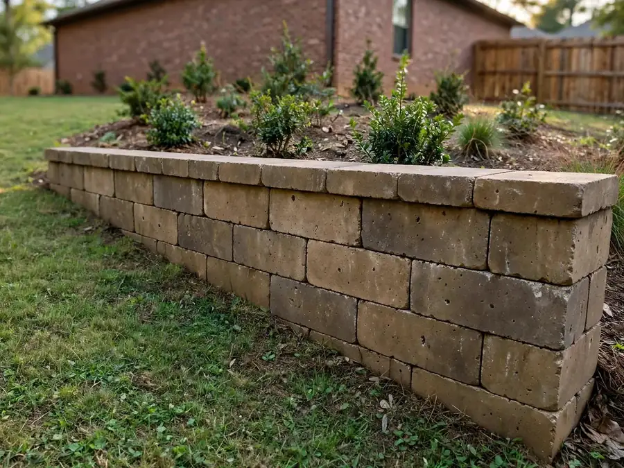 Block courses and cap of a low retaining wall