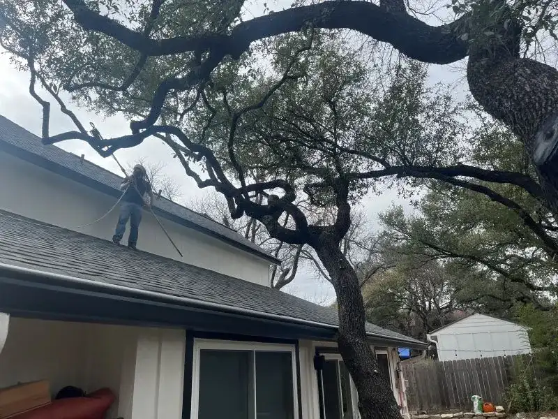 tree branches receiving roof clearance near a residential home