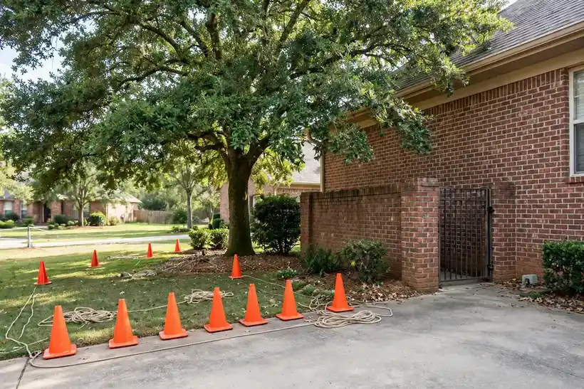 Mature tree beside a narrow access point at a North Texas home