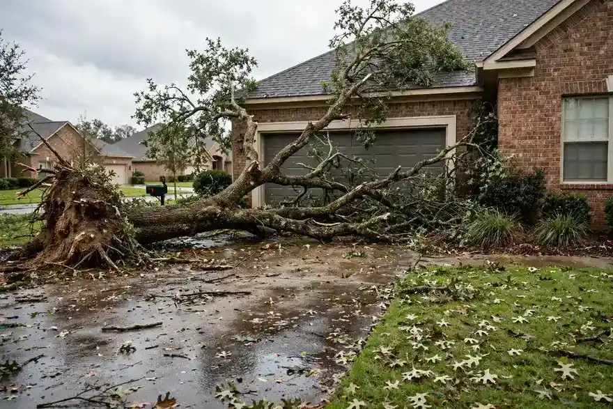 Fallen storm-damaged tree blocking a residential driveway