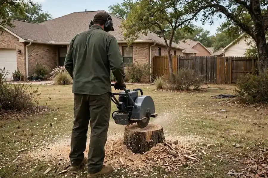 Stump grinder working in a North Texas residential yard
