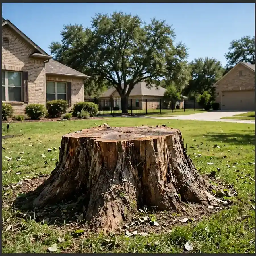 wide tree stump with visible root flare in a residential yard