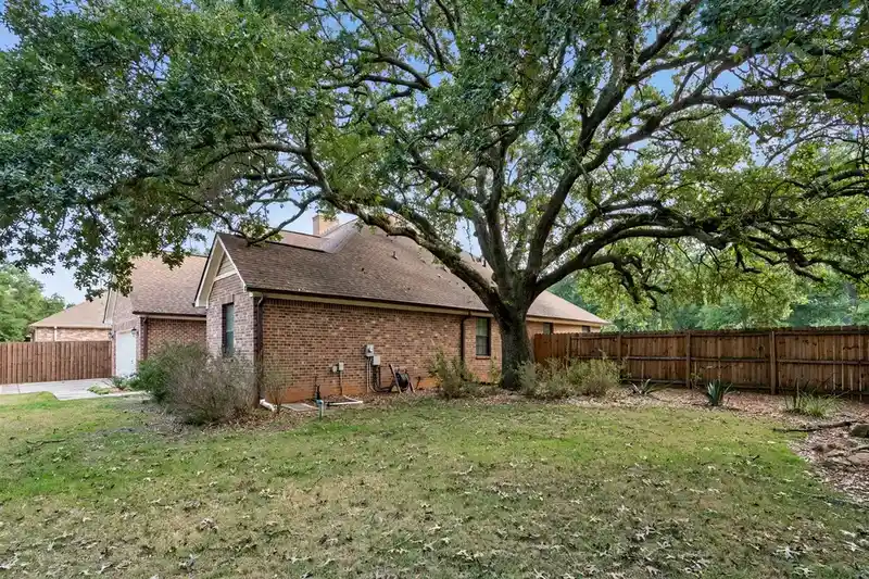 North Texas yard before removal, with a large tree near the house and fence