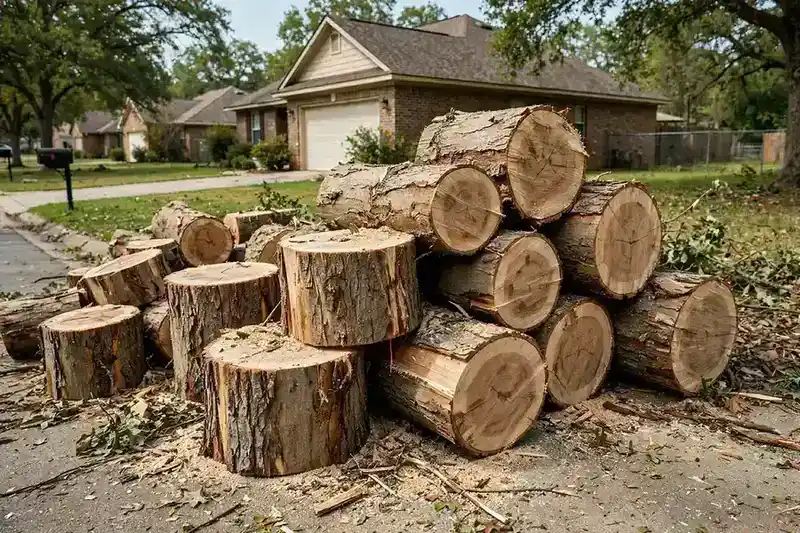 Cut tree trunk sections during a residential removal