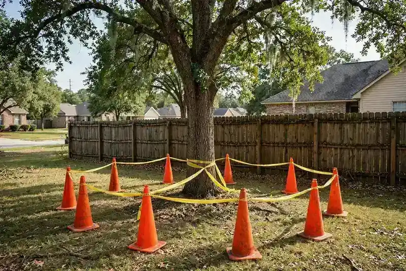 Controlled work zone around a tree near a residential fence